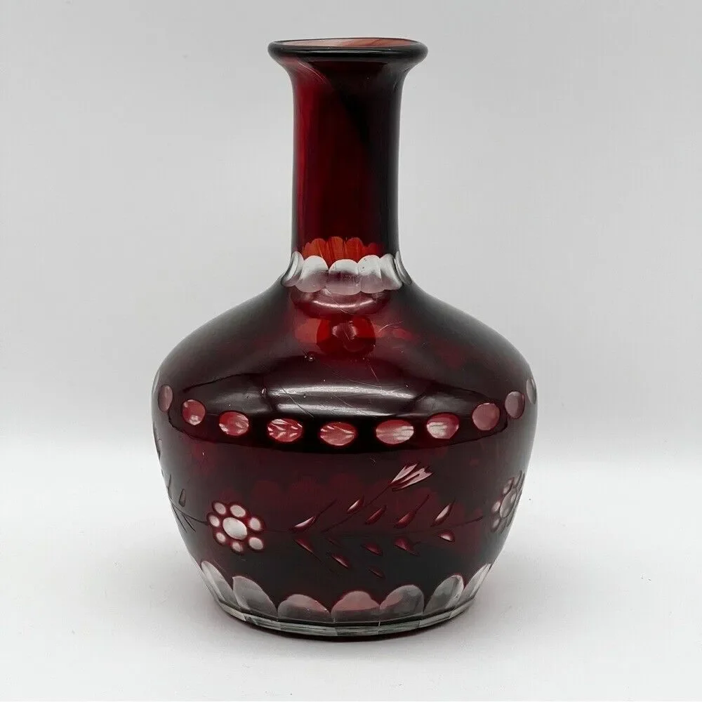 Vintage Czech Bohemian Ruby Red Cut To Clear Floral Etched Glass Decanter Vase